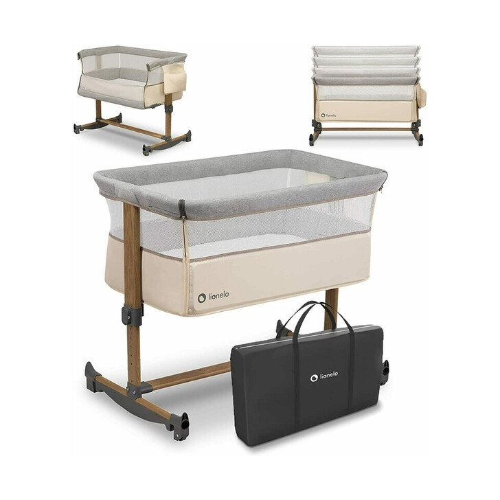 Lionelo - Patut co-sleeper Leonie Cu sistem de leganare, Cu setare unghiulara, Reglabil in 5 pozitii pe inaltime, Beige Sand