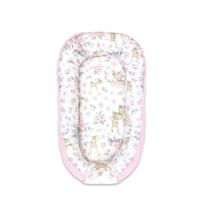 MimiNu - Cosulet bebelus pentru dormit cu doua fete, Baby Nest 105x66 cm, Husa 100% bumbac si catifea moale, Cu salteluta din burete, Detasabila, Velvet Sweet Deer Pink