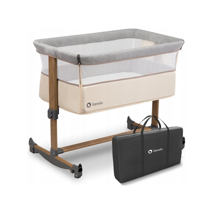 Lionelo - Patut co-sleeper Leonie Cu sistem de leganare, Cu setare unghiulara, Reglabil in 5 pozitii pe inaltime, Beige Sand