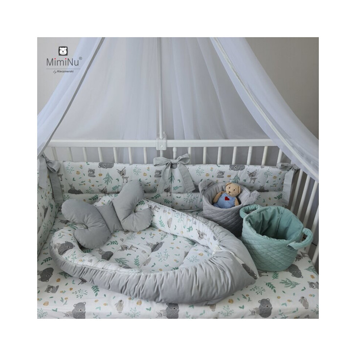 MimiNu - Cosulet bebelus pentru dormit, Baby Cocoon 75x55 cm, Husa 100% bumbac, Forest friends Grey/Mint