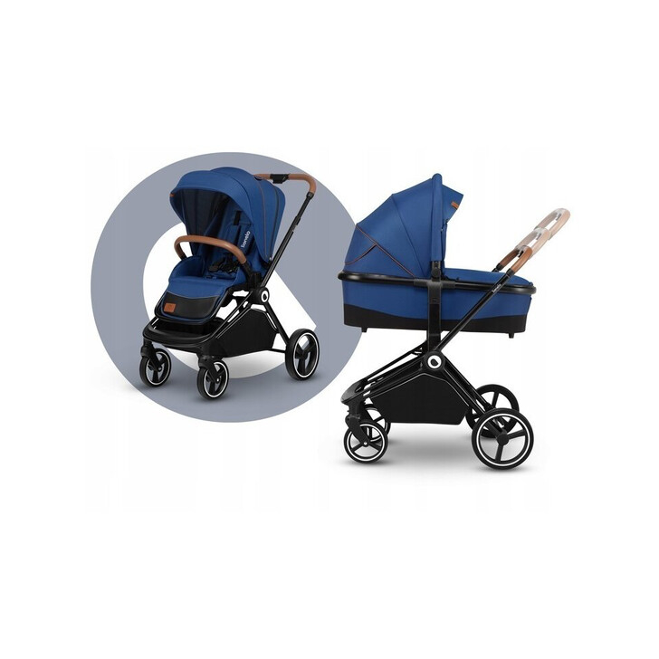 Lionelo - Carucior compact Mika, 2 in 1, Cadru din aluminiu, Cu landou intarit si salteluta moale, Reversibil, Maner ajustabil, Huse pentru picioare, Plasa de tantari, Husa de ploaie, Pana la 22 kg, Albastru