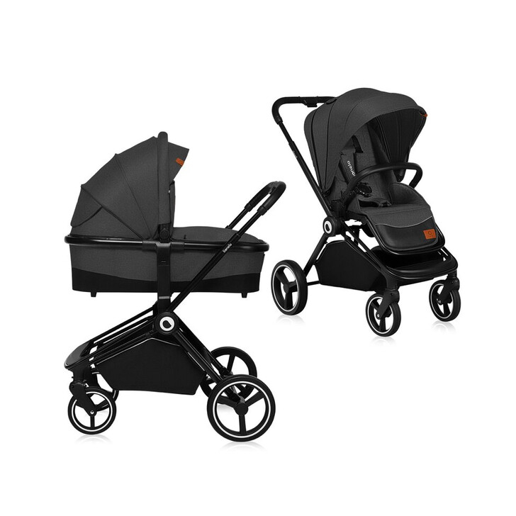 Lionelo - Carucior compact Mika, 2 in 1, Cadru din aluminiu, Cu landou intarit si salteluta moale, Reversibil, Maner ajustabil, Huse pentru picioare, Plasa de tantari, Husa de ploaie, Pana la 22 kg, Gri Inchis