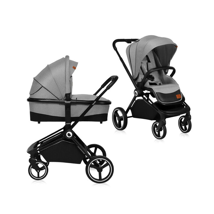 Lionelo - Carucior compact Mika, 2 in 1, Cadru din aluminiu, Cu landou intarit si salteluta moale, Reversibil, Maner ajustabil, Huse pentru picioare, Plasa de tantari, Husa de ploaie, Pana la 22 kg, Gri Deschis