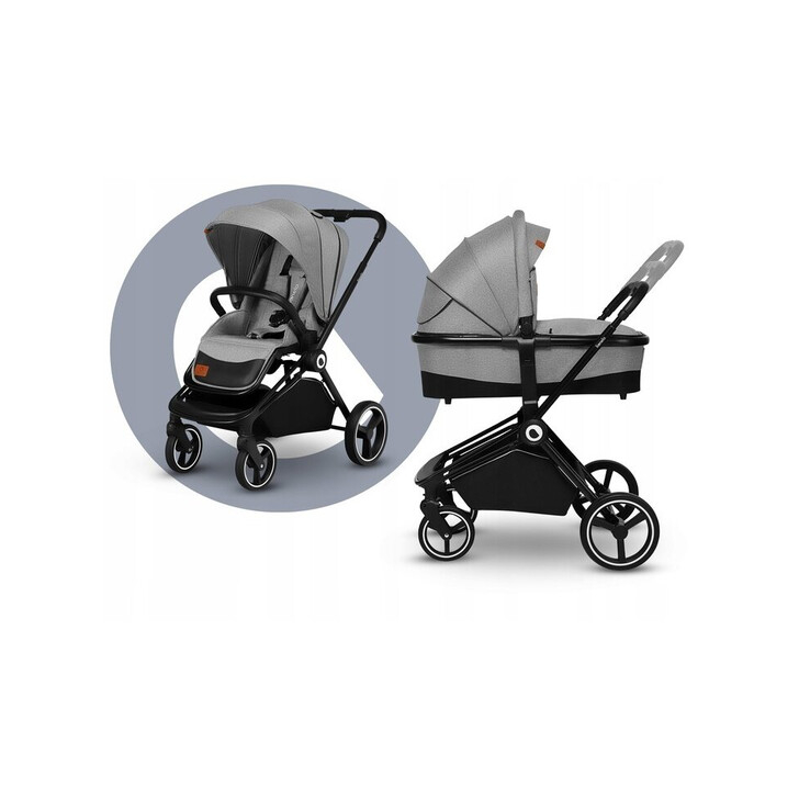 Lionelo - Carucior compact Mika, 2 in 1, Cadru din aluminiu, Cu landou intarit si salteluta moale, Reversibil, Maner ajustabil, Huse pentru picioare, Plasa de tantari, Husa de ploaie, Pana la 22 kg, Gri Deschis