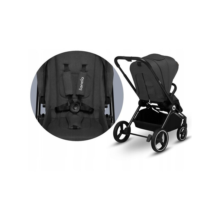 Lionelo - Carucior compact Mika, 2 in 1, Cadru din aluminiu, Cu landou intarit si salteluta moale, Reversibil, Maner ajustabil, Huse pentru picioare, Plasa de tantari, Husa de ploaie, Pana la 22 kg, Gri Inchis