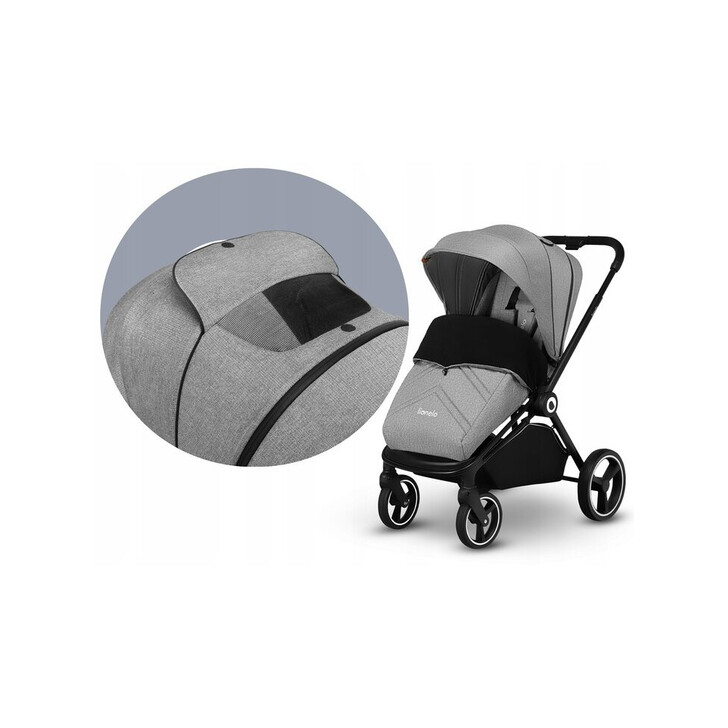 Lionelo - Carucior compact Mika, 2 in 1, Cadru din aluminiu, Cu landou intarit si salteluta moale, Reversibil, Maner ajustabil, Huse pentru picioare, Plasa de tantari, Husa de ploaie, Pana la 22 kg, Gri Deschis