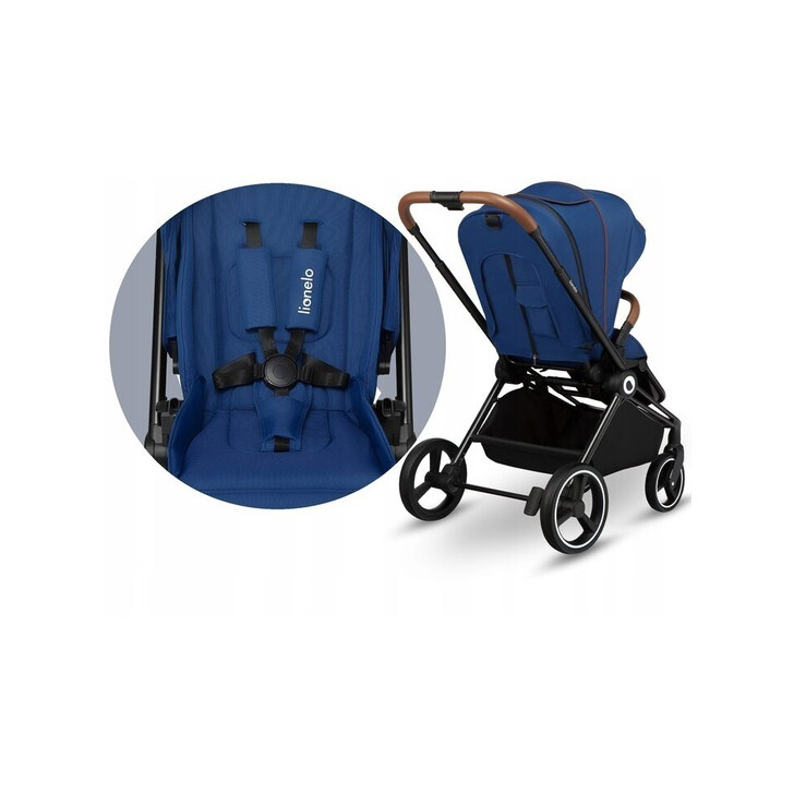 Lionelo - Carucior compact Mika, 2 in 1, Cadru din aluminiu, Cu landou intarit si salteluta moale, Reversibil, Maner ajustabil, Huse pentru picioare, Plasa de tantari, Husa de ploaie, Pana la 22 kg, Albastru