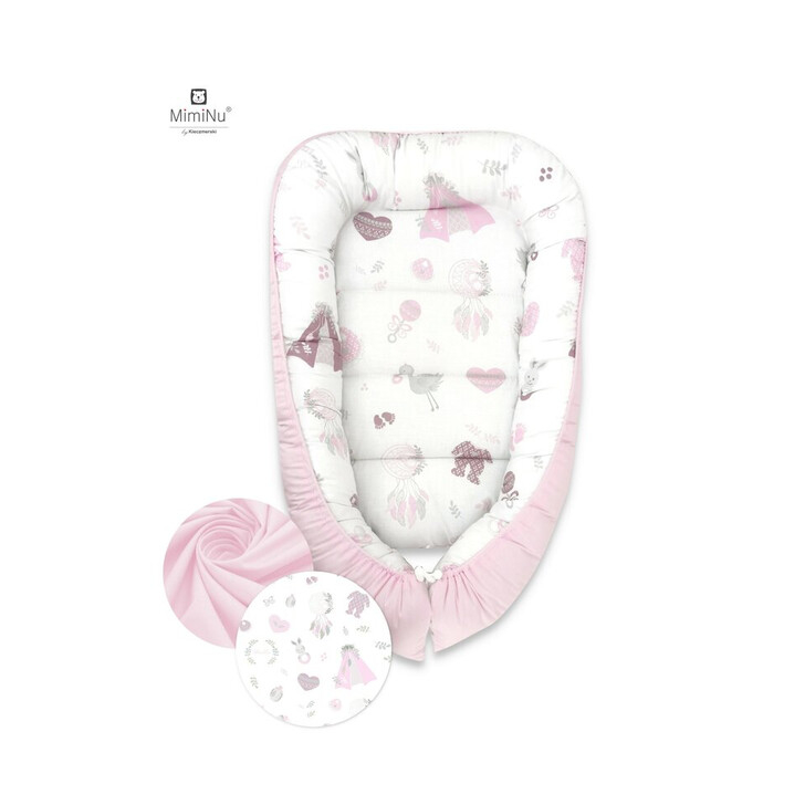MimiNu - Cosulet bebelus pentru dormit, Baby Cocoon 75x55 cm, Husa 100% bumbac, Baby Shower Pink