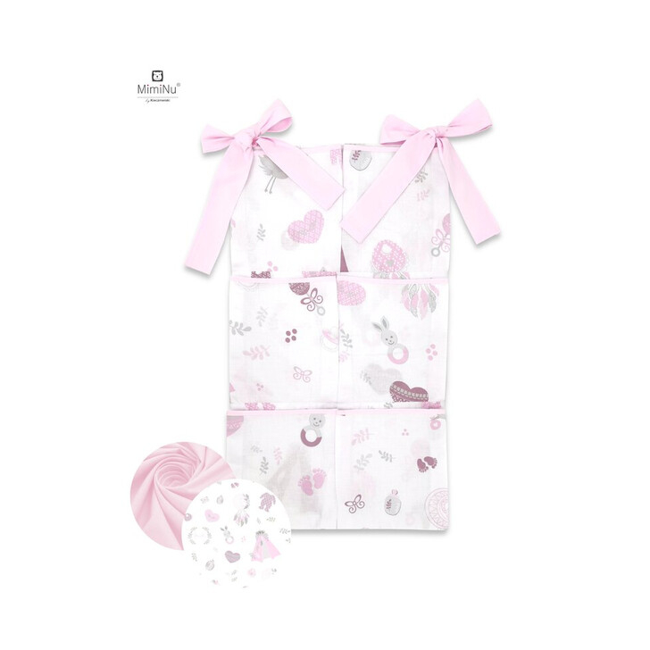 MimiNu - Organizator pentru patut, Din bumbac, Cu 6 compartimente, Cu doua panglici, 70x40 cm, Baby Shower Pink