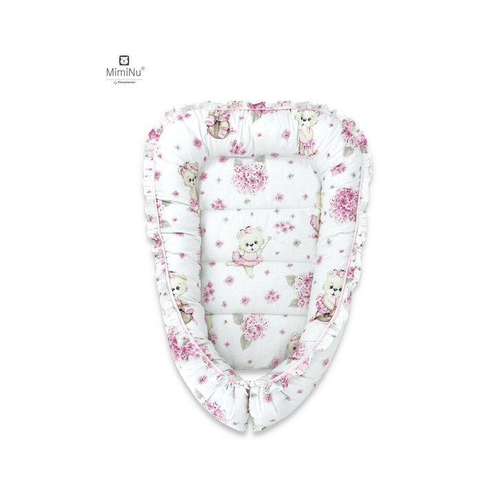 MimiNu - Cosulet bebelus pentru dormit, Baby Cocoon 75x55 cm, Cu volanase, Husa 100% bumbac, Design, Pink Ballerina