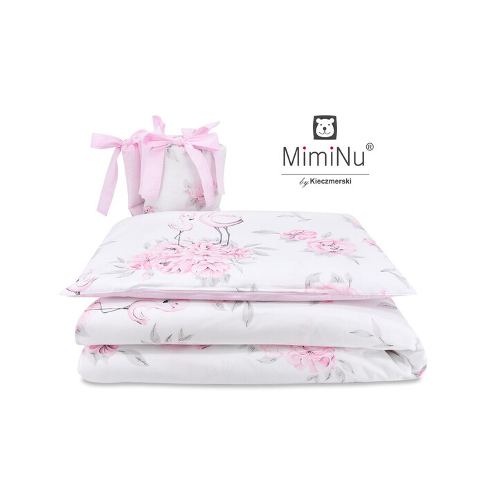 MimiNu - Lenjerie patut cu 4 piese, Cu doua protectii laterale, Peonie Pink, Din bumbac, Pentru patut 120x60 cm