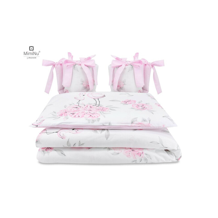 MimiNu - Lenjerie patut cu 4 piese, Cu doua protectii laterale, Peonie Pink, Din bumbac, Pentru patut 120x60 cm