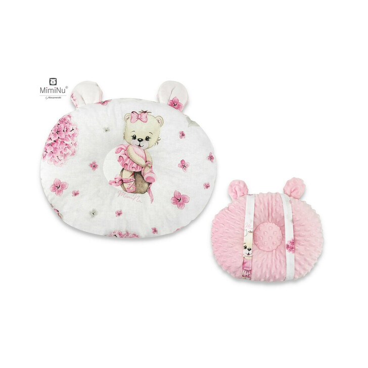 MimiNu - Perna bebelusi Ursulet, Multifunctionala, Cu doua fete, Tesatura pufoasa minky si bumbac, Design, Minky Pink Ballerina