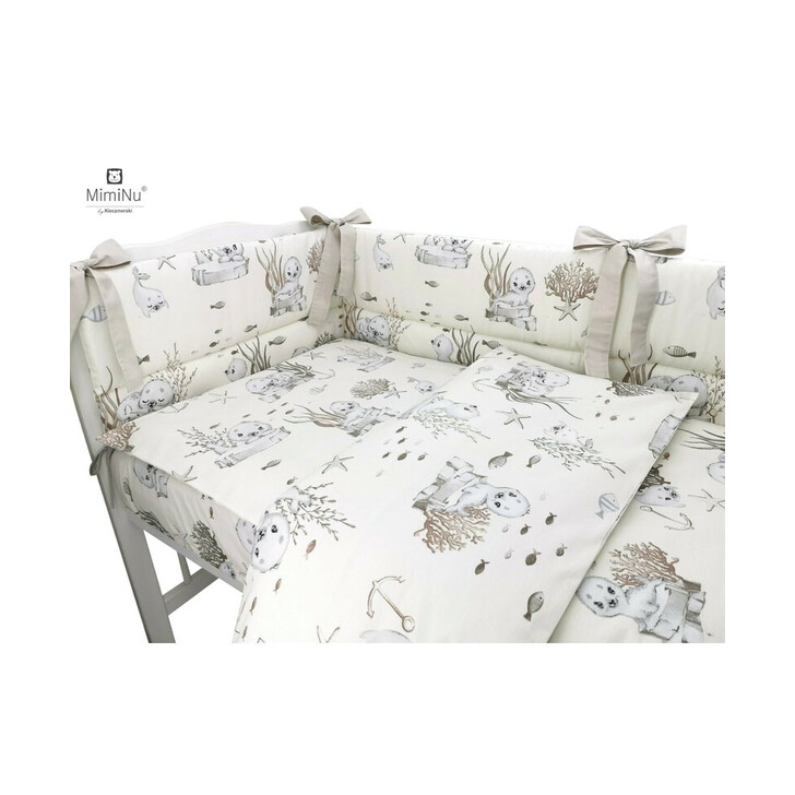 MimiNu - Set lenjerie patut cu 6 piese, Cu pilota si perna, Cu doua aparatori laterale, Din bumbac, Pentru patut 120x60 cm, Design, Seal Beige