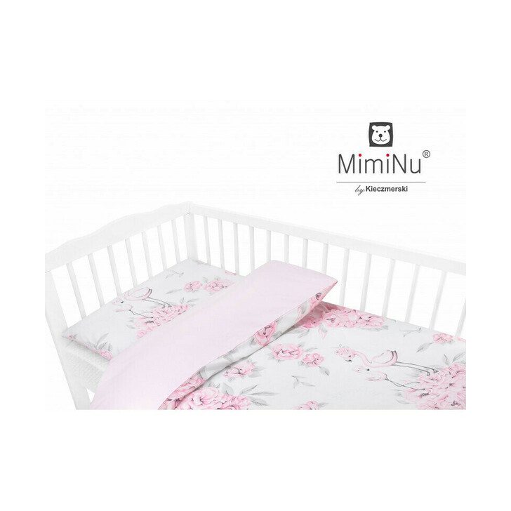 MimiNu - Lenjerie patut cu 4 piese, Cu doua protectii laterale, Peonie Pink, Din bumbac, Pentru patut 120x60 cm