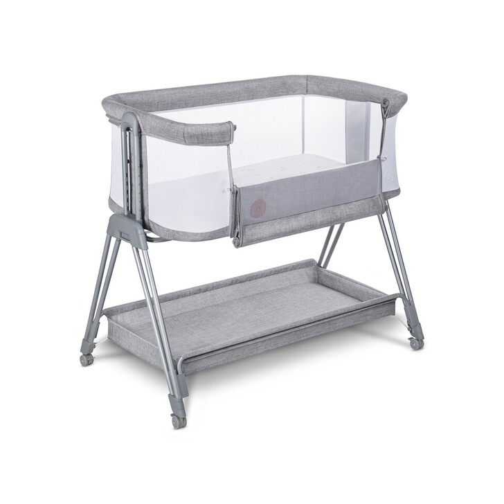 Lionelo - Patut co-sleeper Luna, 2 in 1, Cu laterala culisanta, Cu setare unghiulara, Cu roti, Reglabil in 6 pozitii pe inaltime, Gri deschis