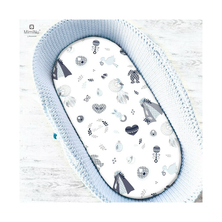 MimiNu - Cearceaf cu elastic pentru landou, carucior si cosulet, Dimensiune 80x35 cm, Din bumbac, Baby Shower Blue