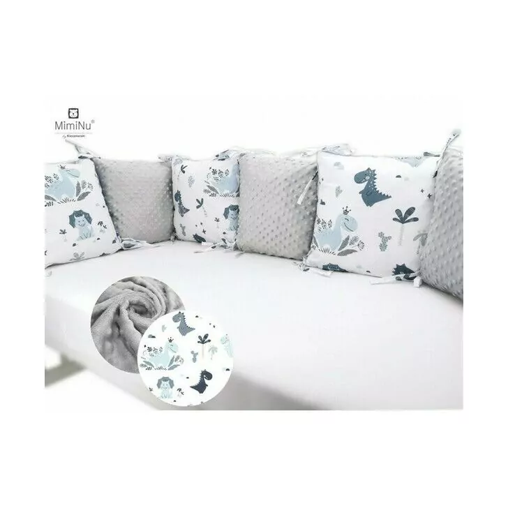 MimiNu - Aparatoare cu 6 pernute modulare, Cu doua fete, Cu fermoar, Cu husa detasabila si lavabila, Pentru patut 120X60 cm, Din bumbac 100% si tesatura pufoasa Minky, Minky Dino Granat