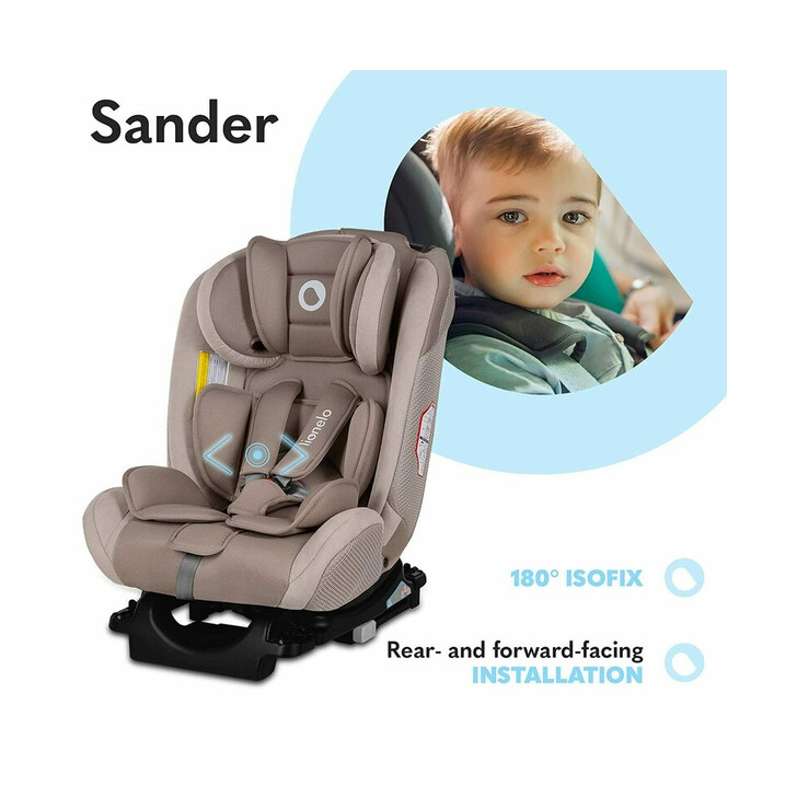 Lionelo - Scaun auto Sander Spatar reglabil, Forward-Facing sau Rear-Facing, Pozitie de somn, 0-36 Kg, Cu Isofix si centura Top Tether, Bej