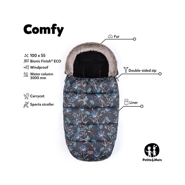 Petite&Mars - Sac de iarna impermeabil Comfy, 4 in 1, Cu blanita si interior din fleece, Universal, Pentru carucior, 100 x 55 cm, Albastru