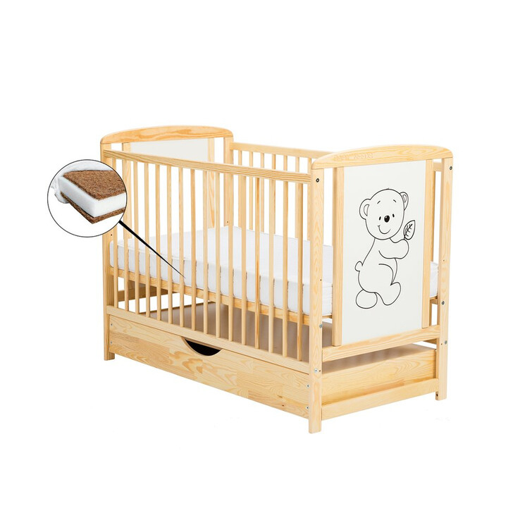 Patut din lemn Timmi 120x60 cm, Cu sertar cu capac, Din lemn de pin si mdf, Stabil si rezistent, Inaltime saltea reglabila pe 3 nivele, Laterala cu 3 bete detasabile, Natur + Saltea 10 cm