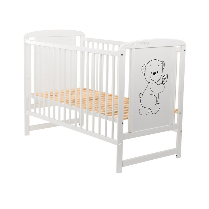 Patut din lemn Timmi 120x60 cm, Din lemn de pin si mdf, Stabil si rezistent, Inaltime saltea reglabila pe 3 nivele, Laterala cu 3 bete detasabile, Alb