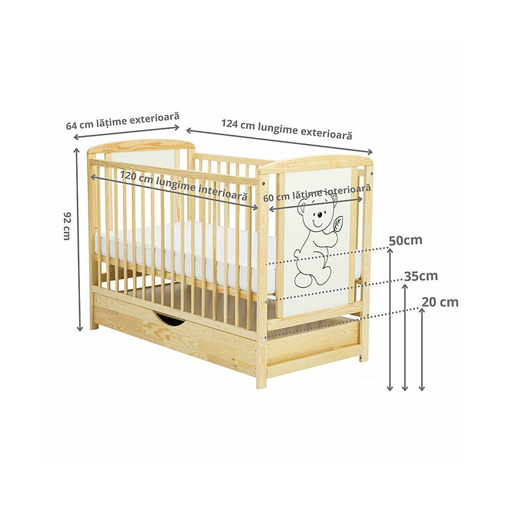 Patut din lemn Timmi 120x60 cm, Cu sertar cu capac, Din lemn de pin si mdf, Stabil si rezistent, Inaltime saltea reglabila pe 3 nivele, Laterala cu 3 bete detasabile, Natur + Saltea 10 cm