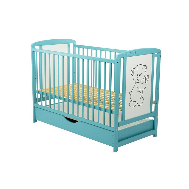 Patut din lemn Timmi 120x60 cm, Cu sertar cu capac, Din lemn de pin si mdf, Stabil si rezistent, Inaltime saltea reglabila pe 3 nivele, Laterala cu 3 bete detasabile, Mint + Saltea 10 cm