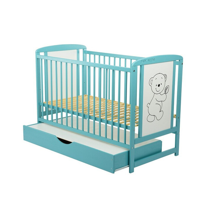 Patut din lemn Timmi 120x60 cm, Cu sertar cu capac, Din lemn de pin si mdf, Stabil si rezistent, Inaltime saltea reglabila pe 3 nivele, Laterala cu 3 bete detasabile, Mint + Saltea 10 cm