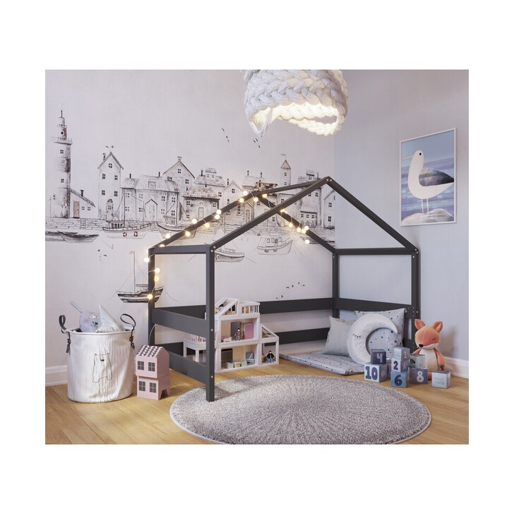 Patut tip casuta YappyHytte Bed din lemn certificat FSC, Transformabil in casuta de joaca, Cu bariera de protectie, In stil scandinav, Yappy Kids, 160x80 cm, Antracit