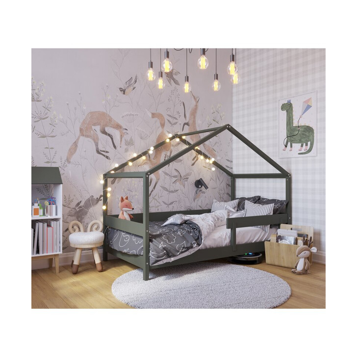 Patut tip casuta YappyHytte Bed din lemn certificat FSC, Transformabil in casuta de joaca, Cu bariera de protectie, In stil scandinav, Yappy Kids, 160x80 cm, Verde