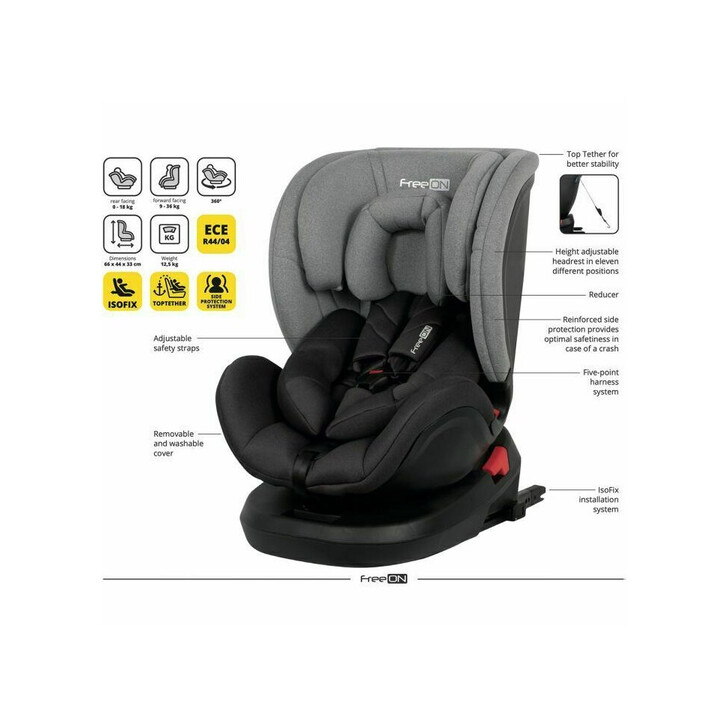 Scaun auto pentru copii, Linus, Pentru grupele de greutate 0-36 Kg, Tehnologie Isofix, Centura Top Tether, Protectie laterala, Rotire 360° grade, Cu pozitie de somn si tetiera reglabila, FreeON, Blue
