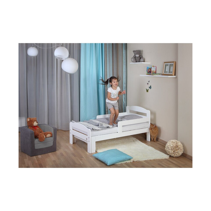 Patut extensibil YappyGrow din lemn de mesteacan, Cu bariere de protectie, De la 1.5 ani pana la 18 ani, YappyKids, 140-190x70 cm, Natur