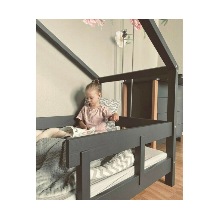 Patut tip casuta YappyHytte Bed din lemn certificat FSC, Transformabil in casuta de joaca, Cu bariera de protectie, In stil scandinav, Yappy Kids, 160x80 cm, Antracit