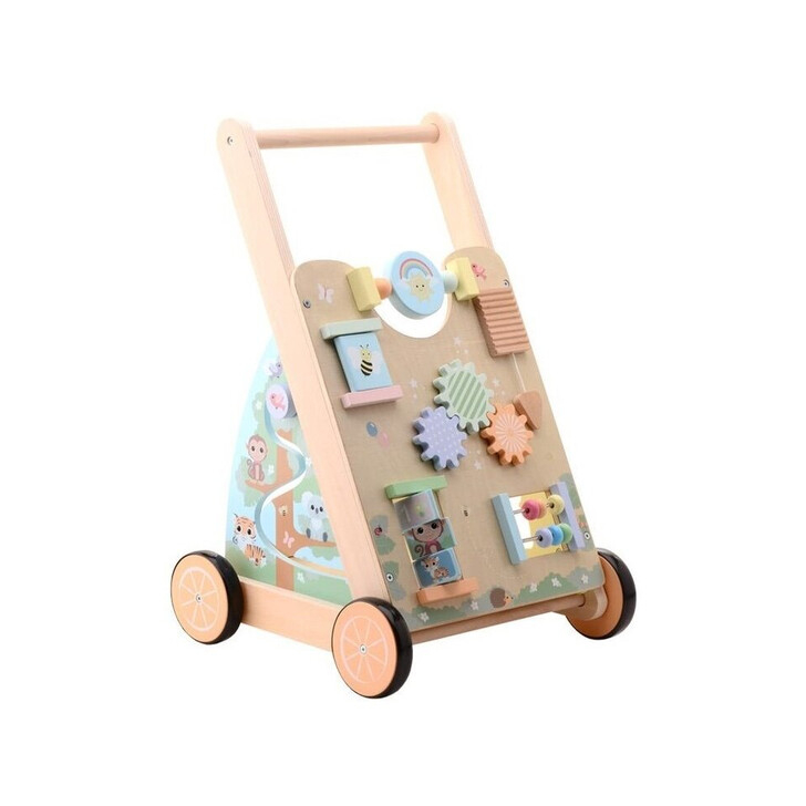 Joueco - Antepremergator cu activitati Familia Wildies, Din lemn certificat FSC, 53x33 cm, 12 luni+, Multicolor