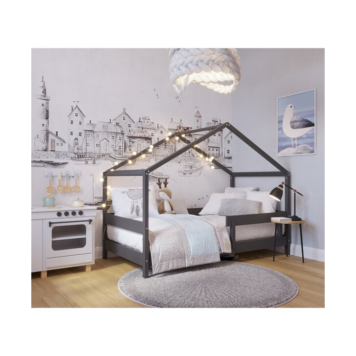 Patut tip casuta YappyHytte Bed din lemn certificat FSC, Transformabil in casuta de joaca, Cu bariera de protectie, In stil scandinav, Yappy Kids, 160x80 cm, Antracit