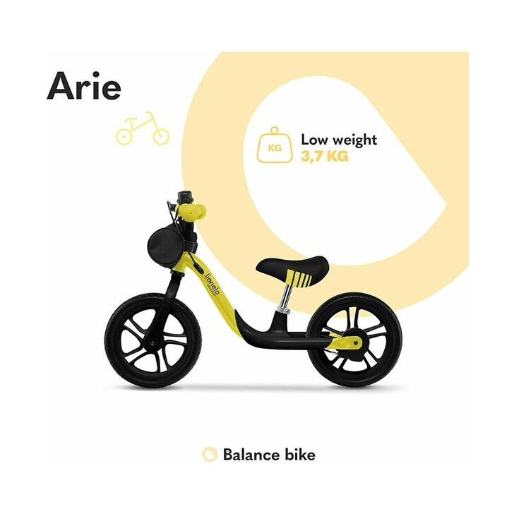 Lionelo - Bicicleta fara pedale Arie, Cu claxon, Saculet pentru depozitare, Roti din spuma Eva, 12 inch, Galben