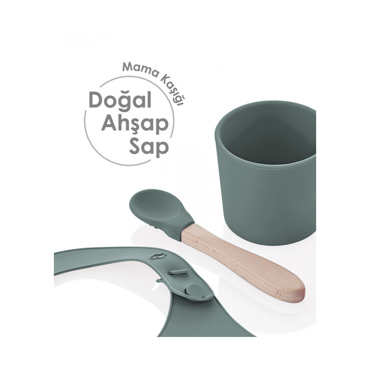Set diversificare 4 piese din silicon BabyJem: bavetica, farfurie, lingurita si pahar (Culoare: Gri)