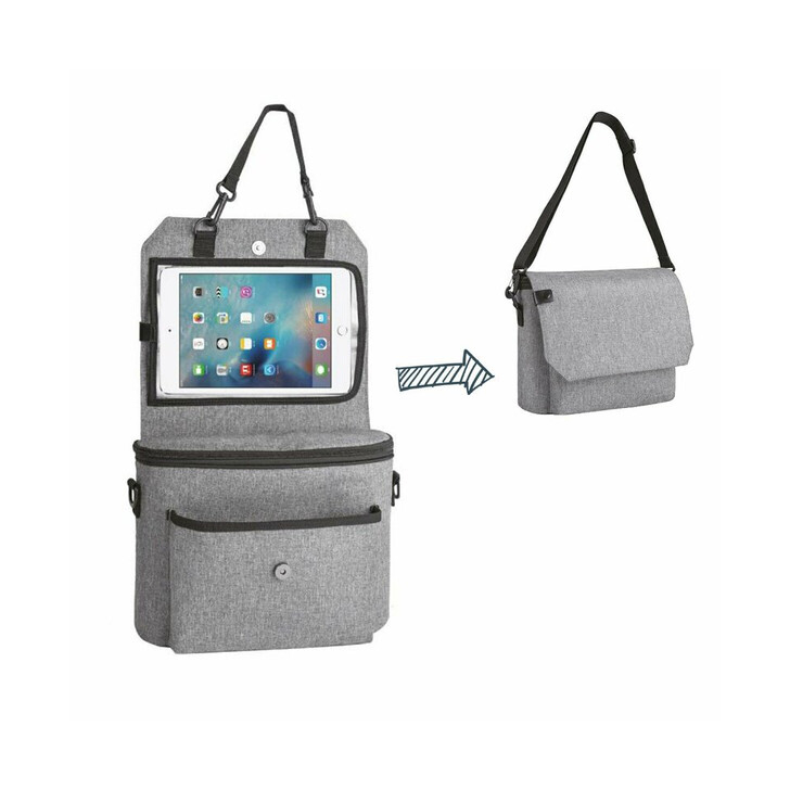 Organizator auto si pentru carucior, 3 in 1, Transformabil in gentuta mamici, Cu suport pentru tableta, iPad, Cu buzunare, FreeON, Grey