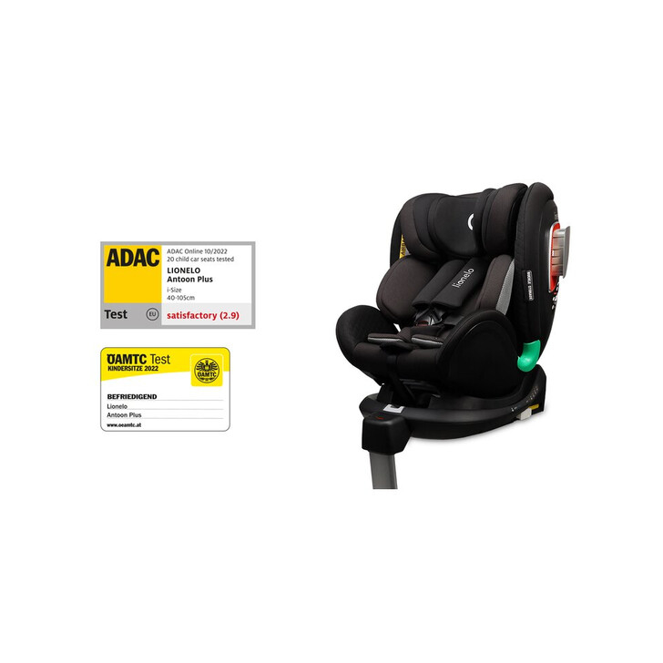 Lionelo - Scaun auto I-size Antoon Plus, Pozitie de somn, Protectie laterala, Rotire 360 grade, 0-18 kg, Cu Isofix si picior de sustinere, Negru, Testat ADAC, Conform cu standardul european de securitate ECE R129