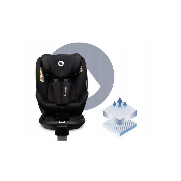 Lionelo - Scaun auto I-size Antoon Plus, Pozitie de somn, Protectie laterala, Rotire 360 grade, 0-18 kg, Cu Isofix si picior de sustinere, Negru, Testat ADAC, Conform cu standardul european de securitate ECE R129