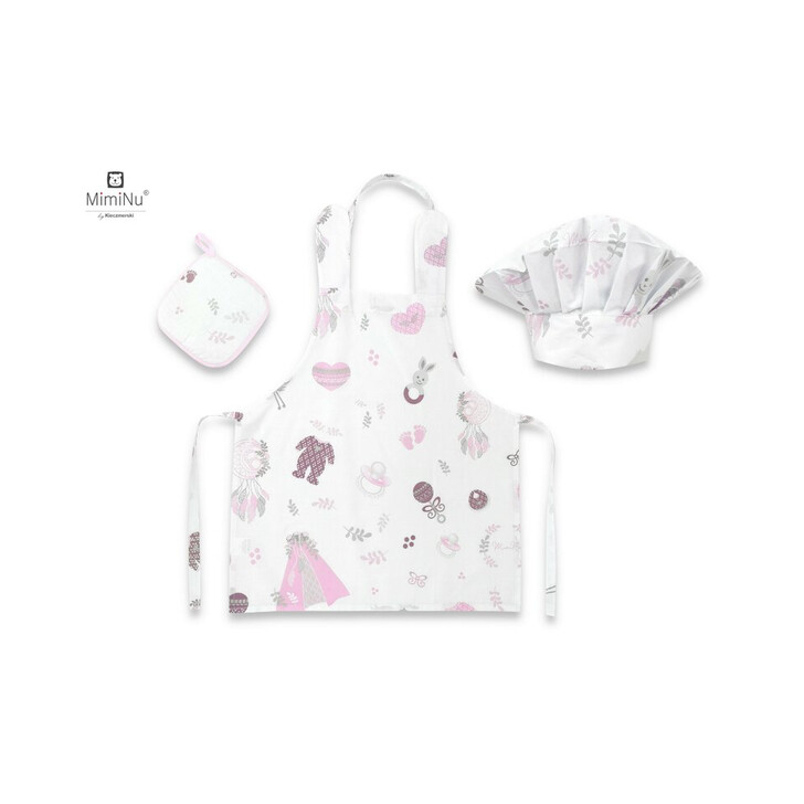 MimiNu - Set Micutul bucatar, Cu sort, o boneta si accesoriu pentru vase calde, Baby Shower Pink