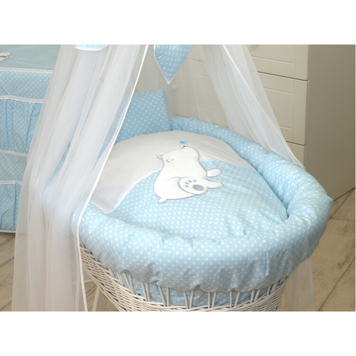 Cos bebe cu suport pe roti, saltea, lenjerie si baldachin, Bear Heart Blue