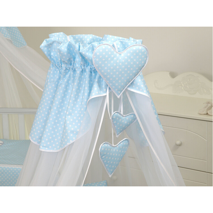 Cos bebe cu suport pe roti, saltea, lenjerie si baldachin, Bear Heart Blue