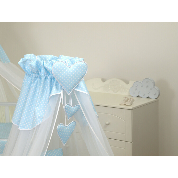 Cos bebe cu suport pe roti, saltea, lenjerie si baldachin, Bear Heart Blue