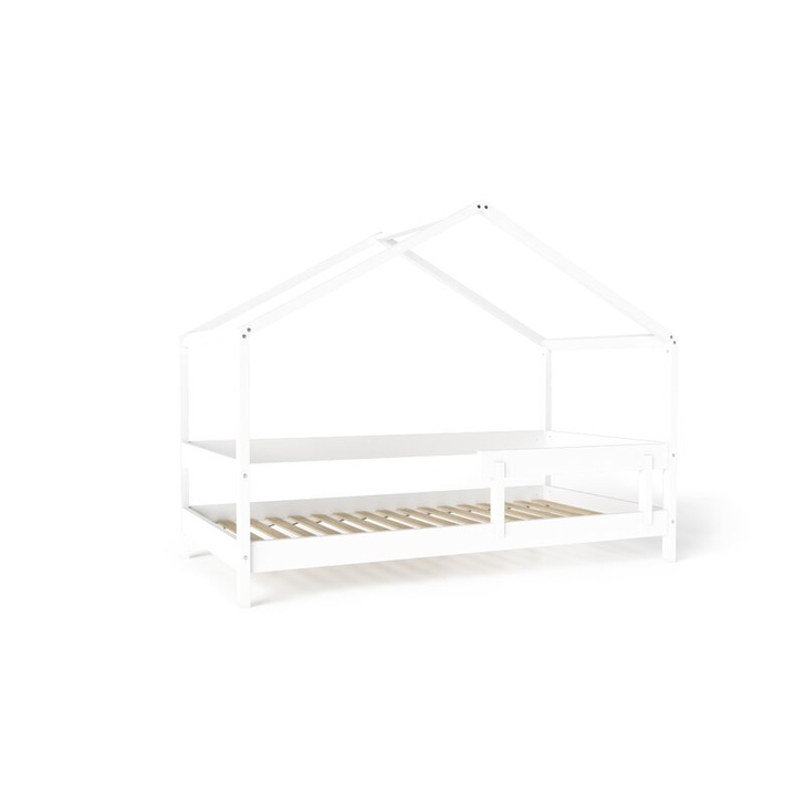 Patut tip casuta YappyHytte Bed din lemn certificat FSC, Transformabil in casuta de joaca, Cu bariera de protectie, In stil scandinav, Yappy Kids, 160x80 cm, Alb