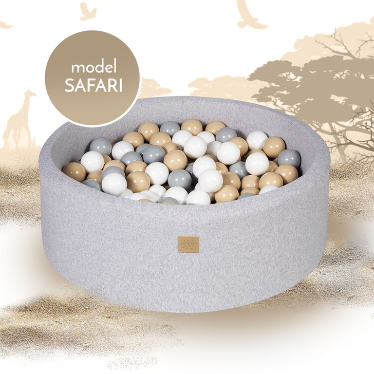 Piscina uscata cu 250 de bile (Alb, Gri, Bej) MeowBaby , Safari, 90x40 cm, Gri deschis