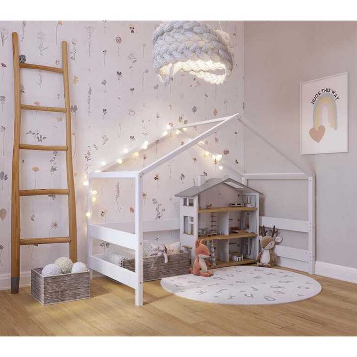 Patut tip casuta YappyHytte Bed din lemn certificat FSC, Transformabil in casuta de joaca, Cu bariera de protectie, In stil scandinav, Yappy Kids, 160x80 cm, Alb