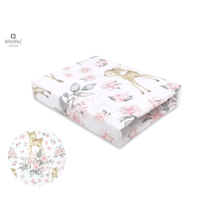 MimiNu - Set pentru bebelusi, 6+1 piese, Cu paturica de infasat, Prosop, Paturica, Cearceaf 120x60 cm, Sweet Deer Pink