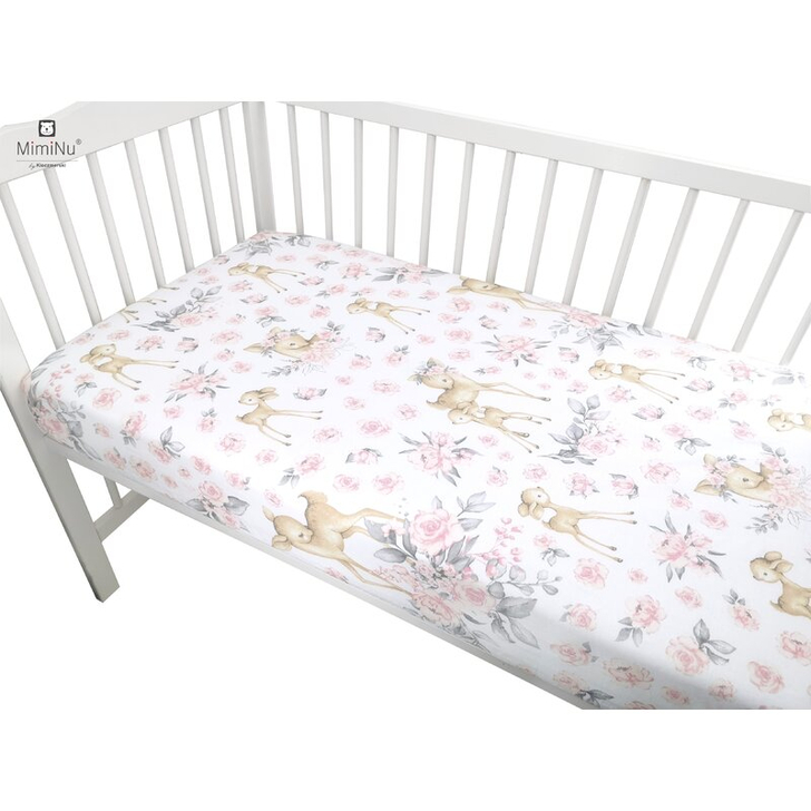 MimiNu - Set pentru bebelusi, 6+1 piese, Cu paturica de infasat, Prosop, Paturica, Cearceaf 120x60 cm, Sweet Deer Pink